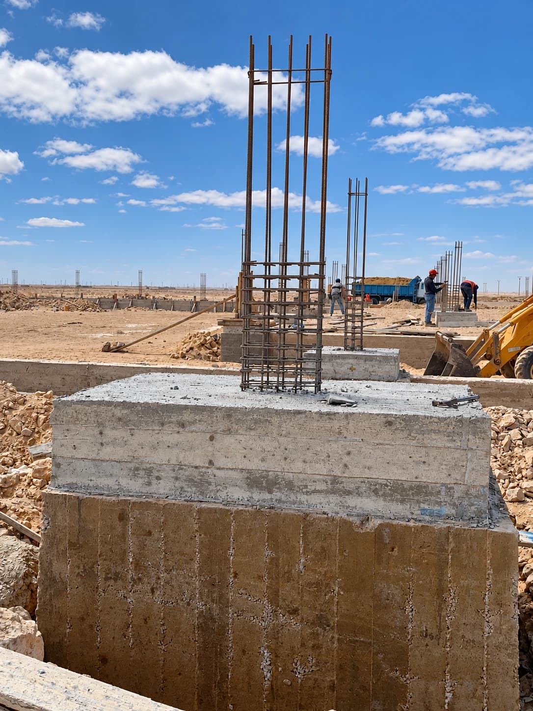 Vue de chantier : fondation et armatures d’un poteau.