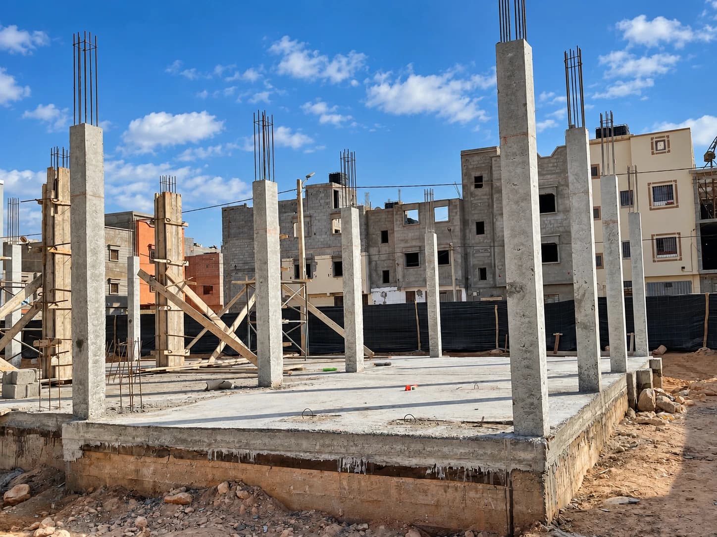 Vue de chantier : structure en béton et poteaux.